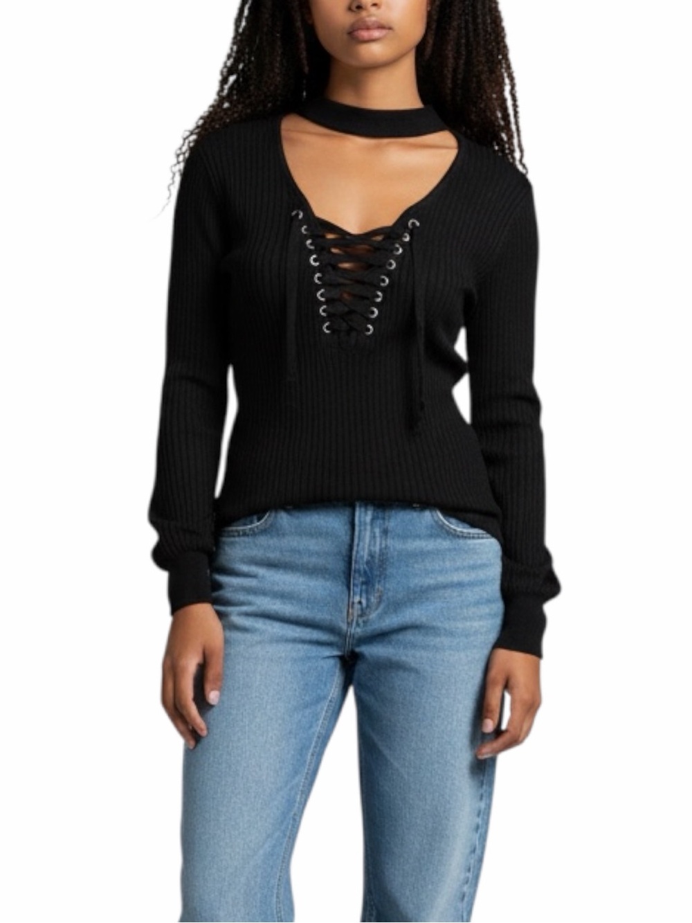 VENUS 1X Black Ribbed Knit Tunic Lace Tie Up Cutout Neck Long Sleeve Plus Size